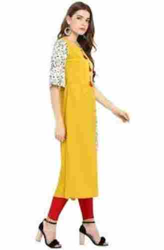 Women Graceful Look 3/4 Sleeves And Stylish Cotton Yellow Printed Kurti