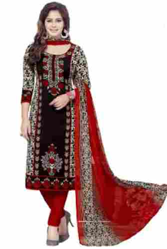 Casual Wear Soft Cotton Chiffon Fabric Red Fancy Printed Suits For Ladies
