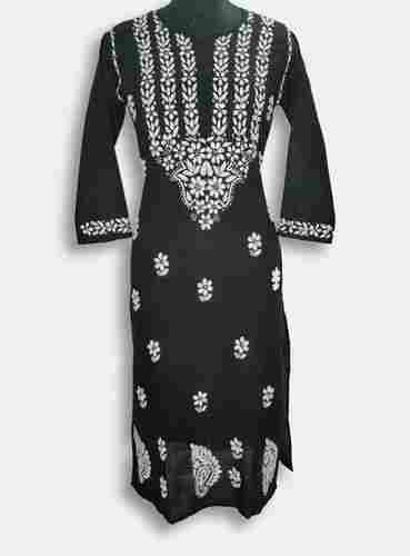 Black Round Neck 3-4th Sleeves A-Lin Embroidered Cotton Chikankari Ladies Kurti For Casual And Ethnic Wear
