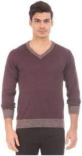 Brown Mens V Neck Long Sleeve Casual Wear Plain Woolen Sweaters