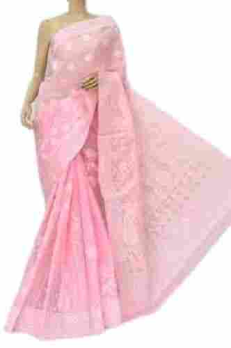 Ladies Hand Embroidery Casual Wear Light Pink Cotton Saree