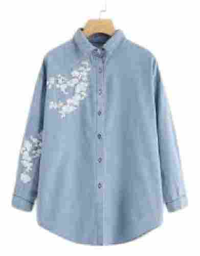 Ladies Light Blue With White Embroidered Denim Shirt