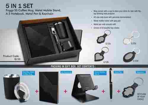 5 In 1 Gift Set - Foggy SS Coffee Mug, Metal Pen, Metal Mobile Stand, A5 Notebook And Keychain