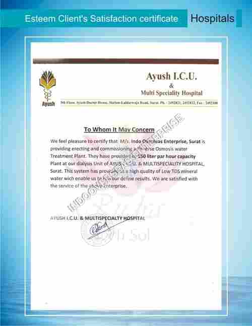 Satisfaction letter of Ayus I.C.U & Hospital
