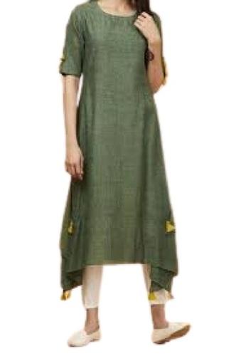 Summer Ladies Plain Half Sleeve Breathable Cotton Green Daily Wear Modern Kurti