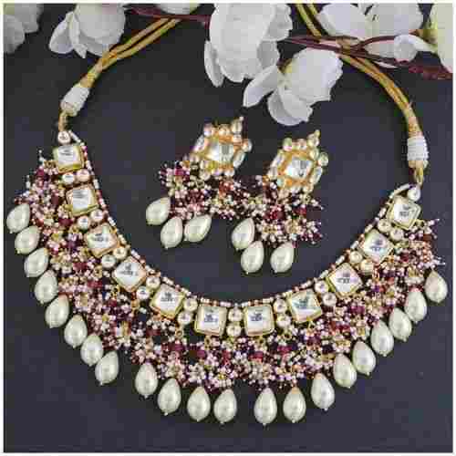 Golden Traditional Designer Pearl and Stones Necklace Set for Wedding Wear