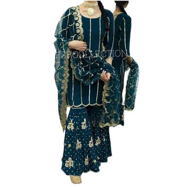 As Per Requirement Embroidered Designer Party Wear Pure Parampara Silk Palazzo Top And Dupatta Set