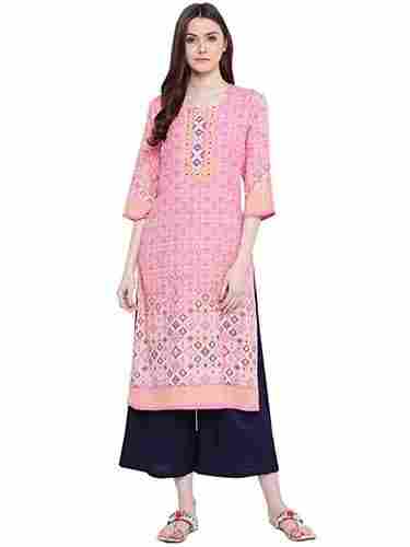 Straight Fit Quarter Sleeves and Round Neck Printed Rayon Kurti