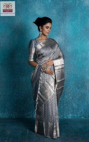 Bridal Ladies Authentic Silver Jari Weaving Pure Kanchipuram Silk Saree