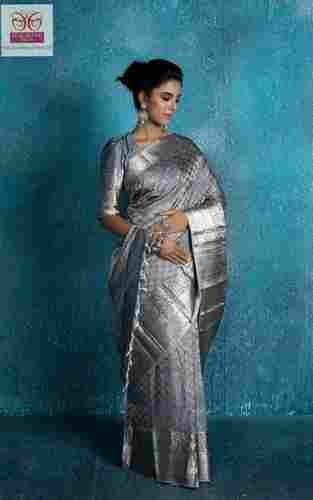 Ladies Authentic Silver Jari Weaving Pure Kanchipuram Silk Saree