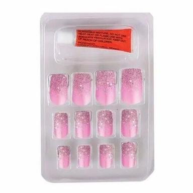 12 Pieces Pack Glitter Paint Coated Acrylic Plastic Artificial Nail With Glue Color Code: Pink